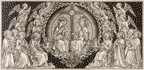 BRATISLAVA, SLOVAKIA, NOVEMBER - 21, 2016: The lithography Coronation of Virgin Mary designed by unknown artist with the initials F.M.S (end of 19. cent.) and printed by Typis Friderici Pustet.