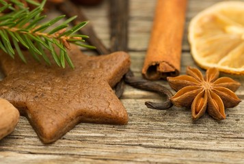 Christmas baking gingerbread, background:  cinnamon, star anise, vanilla and cookie cutters.