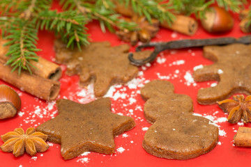 Christmas baking gingerbread, background:  cinnamon, star anise, vanilla and cookie cutters.