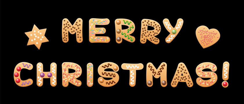 MERRY CHRISTMAS - written with christmas biscuits letters on black background.