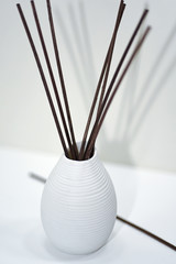 Aromatic sticks for home in white ceramic vase.