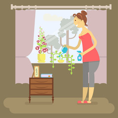 Housewife in funny cartoon style for infographic. Homemaker is watering flowers vector illustration.