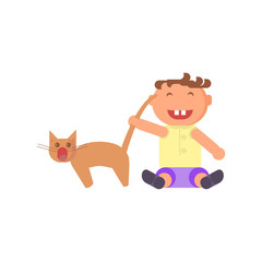 Playground infographic elements vector flat illustration, children play on the outdoors, boy pulls the cats tail. Funny cartoon character isolated on white background