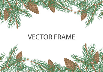 Fototapeta na wymiar Vector Frame with Pine Tree Brunches and Cones