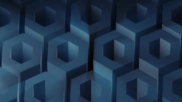 A slow moving looping background design animation of 3D hexes with light rays.