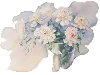 white peonies bouquet watercolor isolated