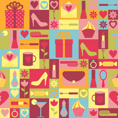 Seamless vector background with shopping icons in style flat. Fashion and women accessories background