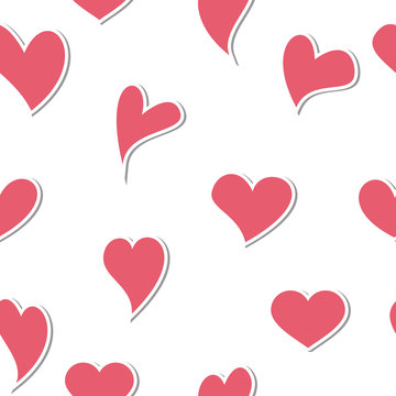 Seamless pattern with pink hearts with shadow on a white background