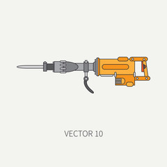 Line flat vector icon with building electrical tool jackhammer. Construction and repair work. Powerful industrial instrument. Cartoon style. Illustration , element for your design. Engineering. Work.