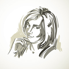 Vector drawing of beautiful tender woman, portrait in minimal st