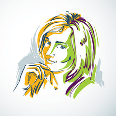 Vector drawing of beautiful tender woman, portrait in minimal st