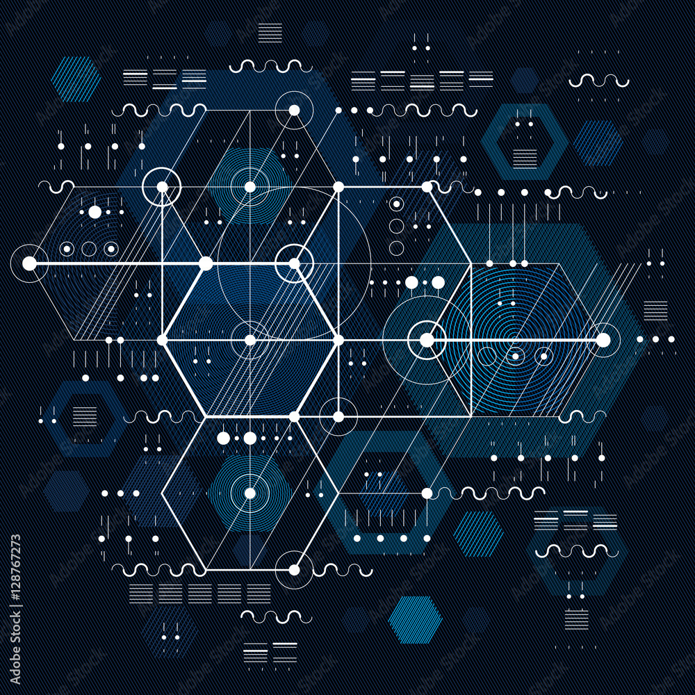 Poster technical drawing with dashed lines and geometric shapes, vector
