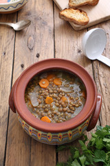 zuppa di lenticchie verdi in tegame di ceramica 