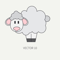 Flat line color vector icon with cute animal for baby products - sheep. Cartoon style. Childrens doodle. Babyhood. Newborn. Vector illustration and element for your design and wallpaper. Kids. Farm.