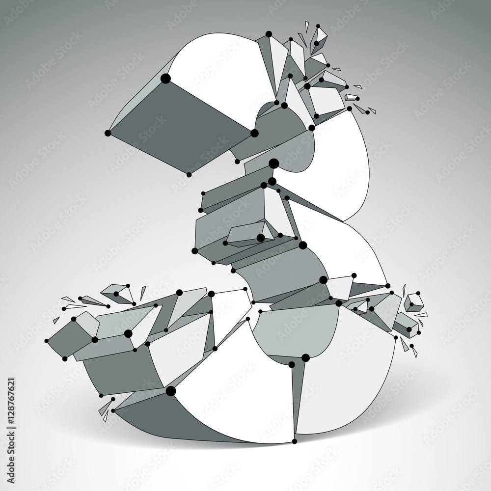 Poster abstract 3d faceted monochrome number 3 with connected black lin