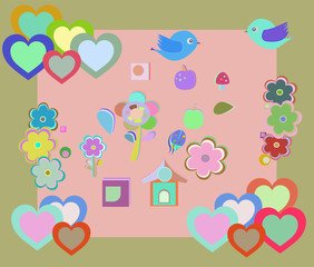 Vintage romantic card with flowers and birds. pattern with bird