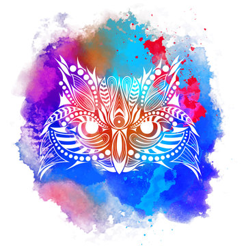 Patterned colored head of the owl. African, indian, totem, tattoo design. It may be used for design of a t-shirt, bag, postcard and poster. Abstract Background with Watercolor Stains, Vector Design