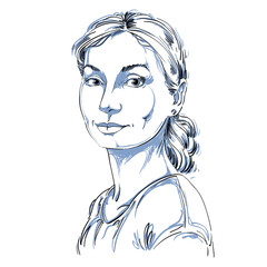 Vector portrait of attractive dreamy woman, illustration of peac