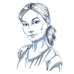 Hand-drawn art portrait of white-skin romantic woman, face emoti