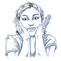 Hand-drawn portrait of white-skin surprised happy woman, gesturi