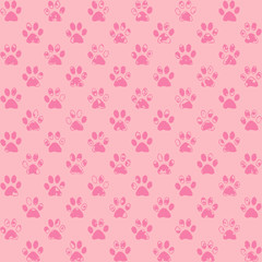 Spattered paw prints in pink, dark on lighter, a seamless background pattern