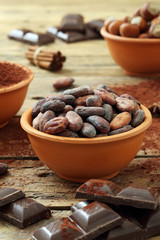 semi di cacao grezzo su sfondo rustico