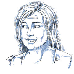 Monochrome vector hand-drawn image, blameworthy young woman. Bla