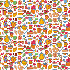 Sweets tea food doodles seamless vector pattern 