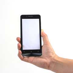 hand holding black smart phone isolated