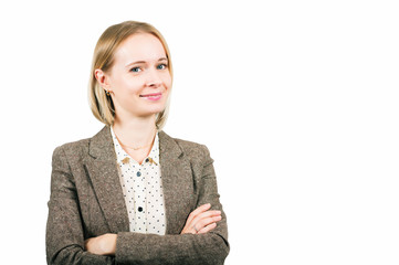 Close up portrait of 35 year old woman in formalwear, crossed arms