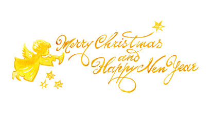 Watercolor Christmas and New Year greeting inscription for card with angel.