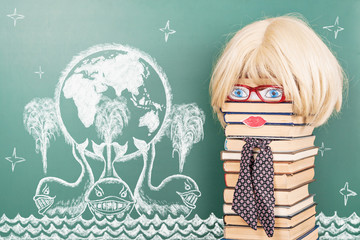 Education funny concept with women teacher, Earth on three whale