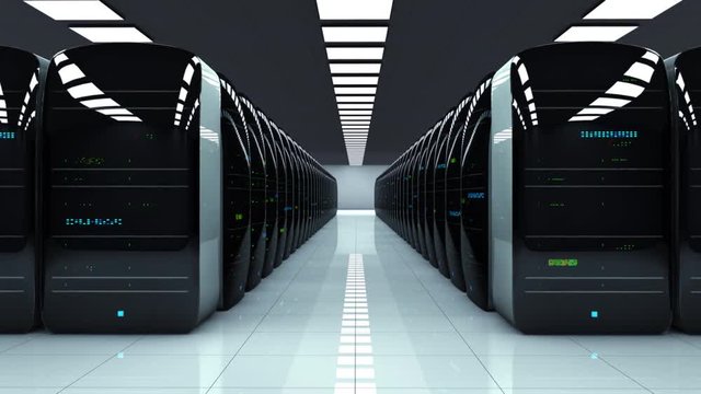Modern server room. Realistic LED lights are flashing. Camera zoom.