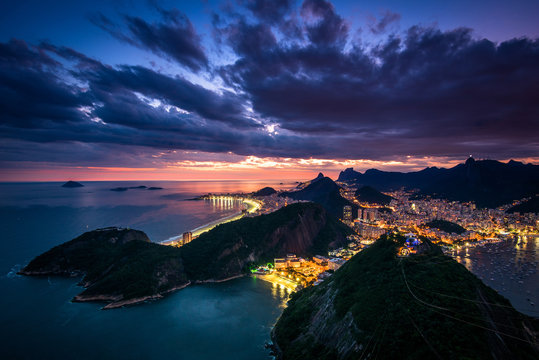 Spectacular sunset over Rio de Janeiro, view from the Sugarloaf Mountain