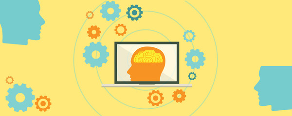 learning machine artificial intelligences ( ai ) , head and  brain  in notebook  with  yellow background illustration