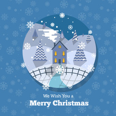 Christmas retro greeting card with winter landscape