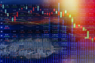 Double exposure of stocks market chart concept with city scape hong kong background,