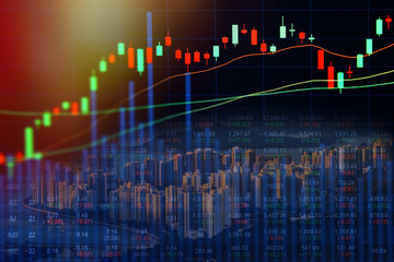 Double exposure of stocks market chart concept with city scape hong kong background,