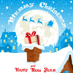 Merry Christmas banner. Silhouette of Santa Claus in sleigh with deers flying on moon background. Gift box in the chimney city rooftops. Concept poster, greeting card, flyer. Cartoon style. Vector