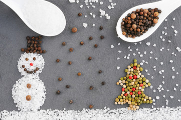 Background of spices. Background frame of spices. Black, white and red pepper and salt spices....