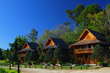 The thee wood house with blue sky the north of Thailand