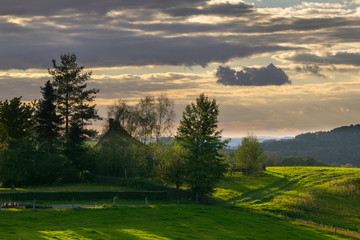 Obraz premium Sunset over the fields, Elbe Sandstone Mountains, Rathen, Saxon Switzerland National Park, Nationalpark Sachsische Schweiz, Germany, Europe 