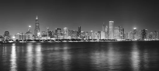 Black and white night panoramic picture of Chicago city skyline, USA. © MaciejBledowski