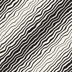 Vector Seamless Black and White Hand Drawn Diagonal Wavy Lines Pattern