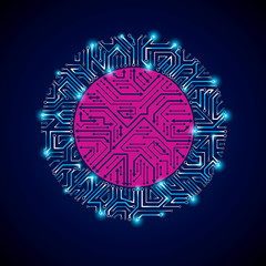 Vector sparkling circuit board circle, digital technologies abst