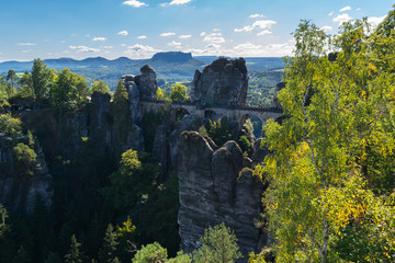 Bastei bridge (Basteigebiet - Bastei Brucke ) above the Elbe River, Elbe Sandstone Mountains, Rathen, Saxon Switzerland National Park, Nationalpark Sachsische Schweiz, Germany, Europe 