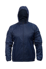 blue windbreaker sports jacket with hood, isolated on white © dechevm