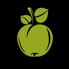 Single simple vector apple with green leaves, ripe sweet fruit i