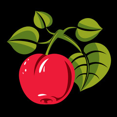 Single red simple vector apple with green leaves, ripe sweet fru