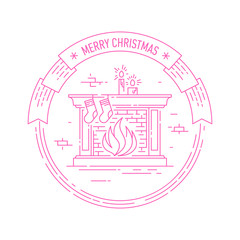Merry Christmas and Happy New Year creative badge or labels with fireplace, socks and candles for greetings cards, gift tags, Christmas sale or web design. Thin lines,. Vector.